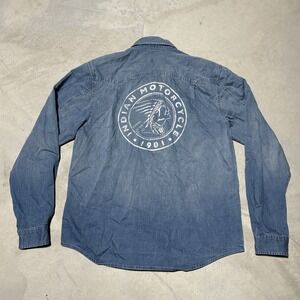 Indian Motorcycle Denim Button Down Shirt Men's SZ Large White Logo Pearl Snaps